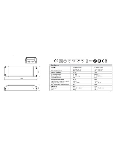 ALIMENTATORE TRASFORMATORE PER LED ACTEC CON MORSETTIERA CV MODE 12 V 75 WATT TENSIONE COSTANTE