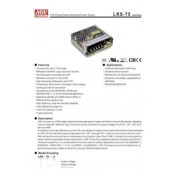 Alimentatore trasformatore 75 W 24V 3,2 A Meanwell LRS-75-24 - Vendita online