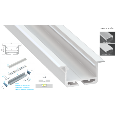 tappi e clips 1 Mt profilo alluminio da incasso per STRISCIA LED con copertura 