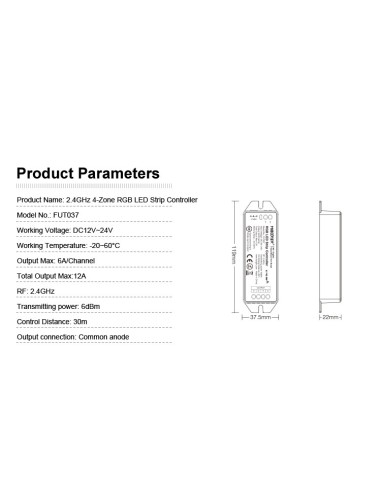 RICEVITORE WIRELESS PER STRISCE LED RGB 12 A 2,4 G FUT037