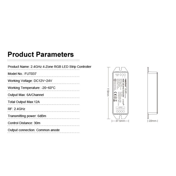 RICEVITORE WIRELESS PER STRISCE LED RGB 12 A 2,4 G FUT037