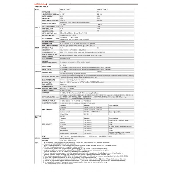 Alimentatore Meanwell IP67 150 W XLG 12V con PFC Tensione Costante Trasformatore da AC 220V a DC 12V