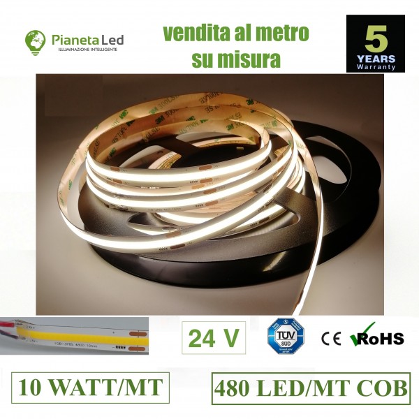 1 metro Striscia Led COB 480 Led/mt 10 w/mt IP20 24 V misura a scelta