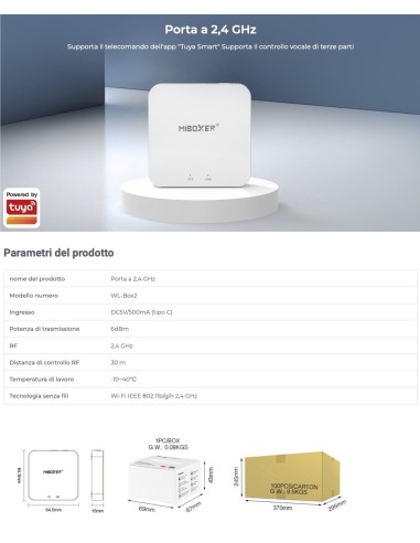 Router Gateway wifi 2.4 ghz gestione smarthphone Alexa Google Home centraline Led RGB e Mono Miboxer WL-BOX2