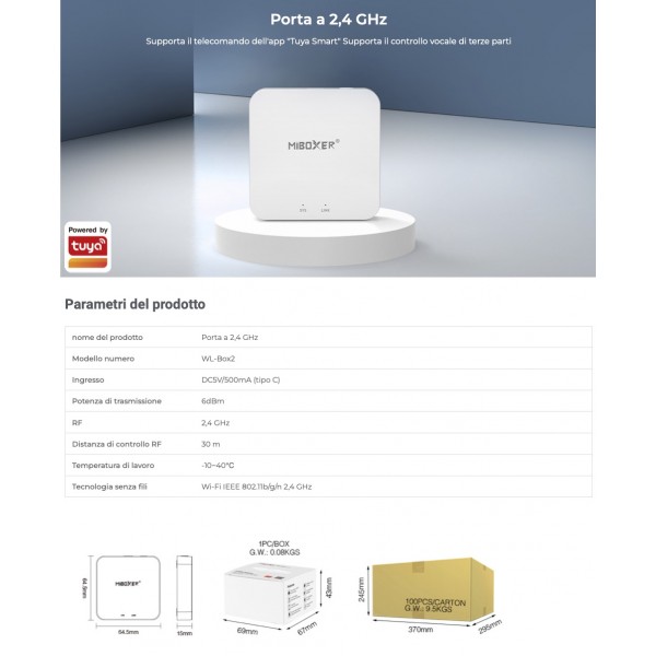 Router Gateway wifi 2.4 ghz gestione smarthphone Alexa Google Home centraline Led RGB e Mono Miboxer WL-BOX2