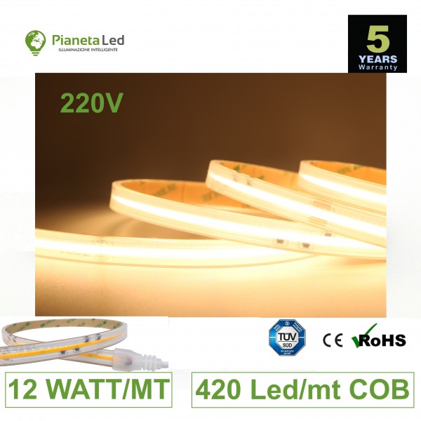 1 metro Striscia Led Bianca 220V COB 420 Led/mt 12 w/mt IP67 misura a scelta - Vendita online